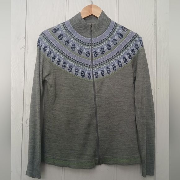 Woolrich Merino Wool Blend Fairisle Light Sweater Zip Cardigan Gray Size Medium - Picture 1 of 6